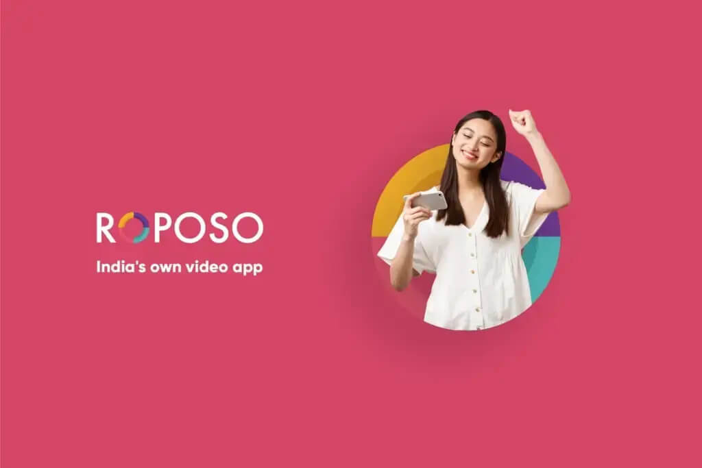 Roposo app logo and brand color background q women watching video and dance