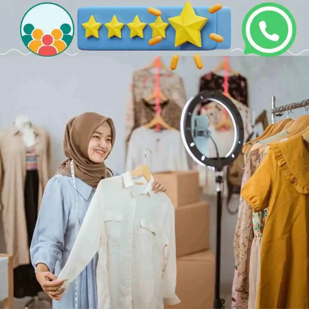To earn money from WhatsApp, a girl wearing hijab is making a video of clothes by placing her mobile on a ring light stand