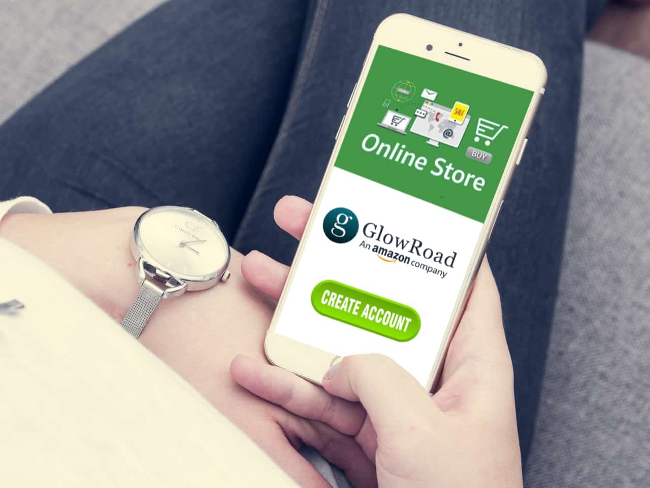 A woman holding a smartphone with the GlowRoad online shopping store app on it create account page